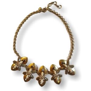 J.Crew Gold Statement Necklace – Floral Cluster Bib‎ Design with Crystals, 16”